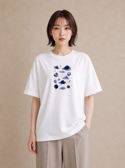グラフィックTシャツ レディース 水瓶座 星空 宇宙 イラスト レトロ 女性 旅行用 白T YMAZO