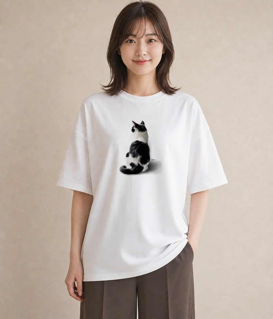 グラフィックTシャツ レディース 三毛猫 みけねこ 三毛 猫 ねこ イラスト アート風 海 カフェ巡り 白T YMAZO