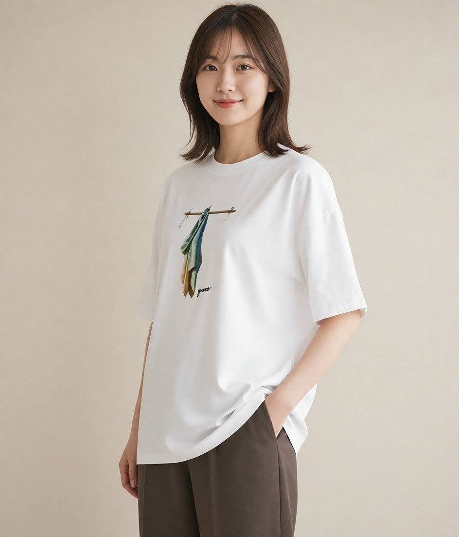 プリントTシャツ レディース 洗濯物 風 ナチュラル アンティーク イラスト ガーリー カフェ巡り 女子会 白T YMAZO