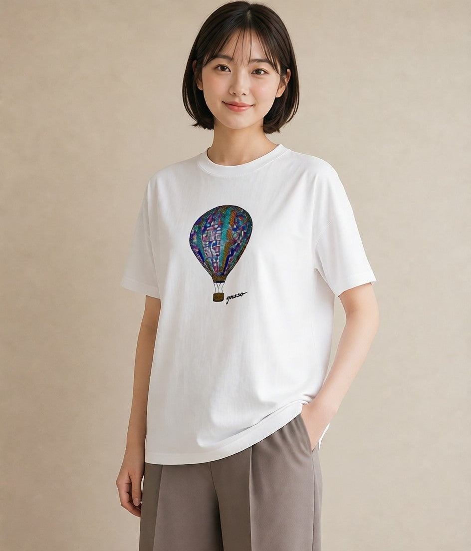 デザインTシャツ レディース 気球 星空 宇宙 イラスト ガーリー カジュアルコーデ 買い物 白T YMAZO