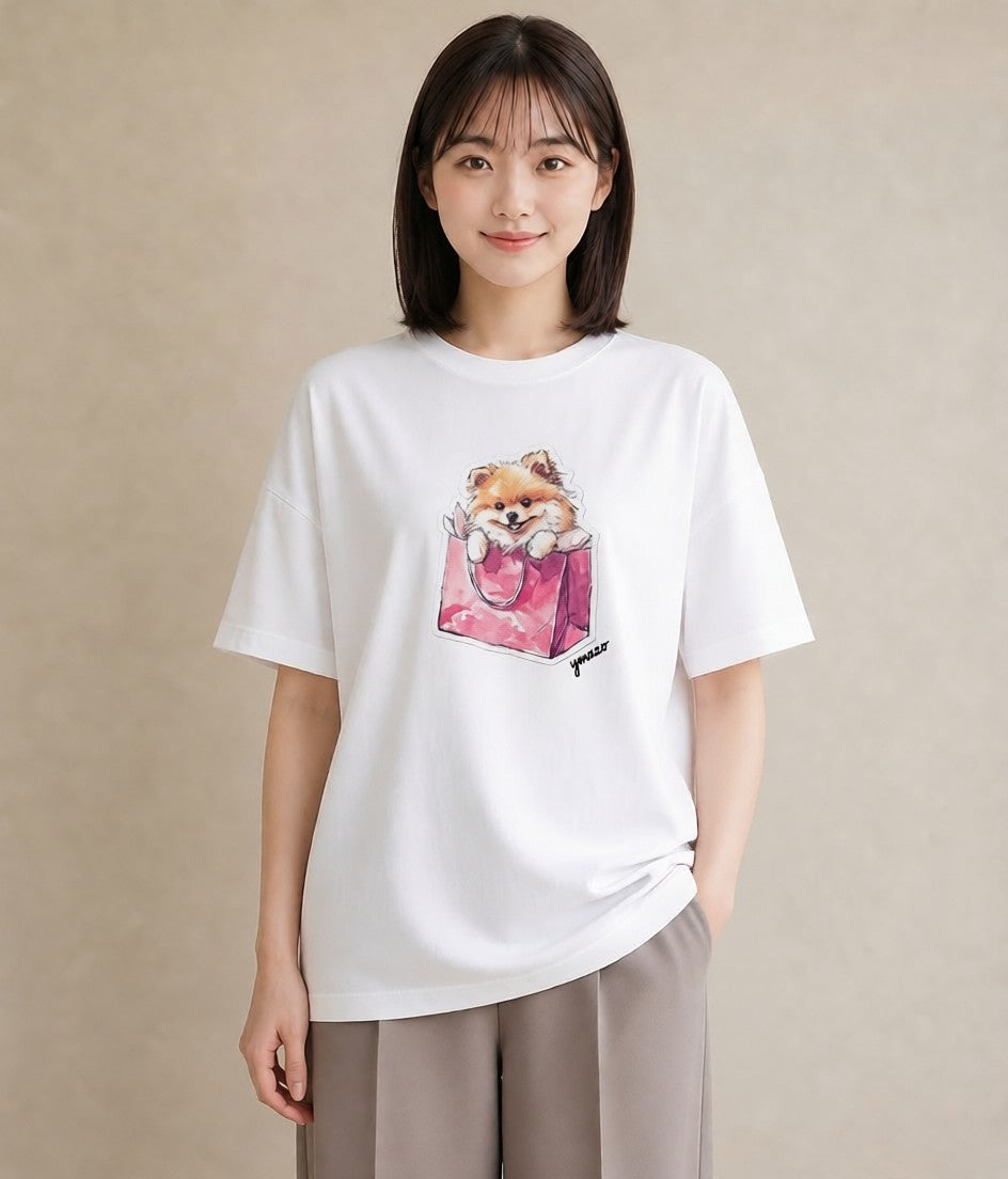 Tシャツ レディース ポメラニアン ポメ 犬 いぬ イラスト ヴィンテージ風 お揃い 親子 白T YMAZO