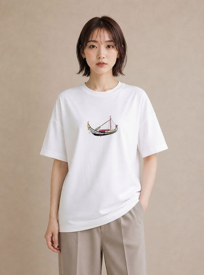 グラフィックTシャツ レディース 桟橋 水辺 波止場 ナチュラル アンティーク イラスト 買い物 夏コーデ 白T YMAZO
