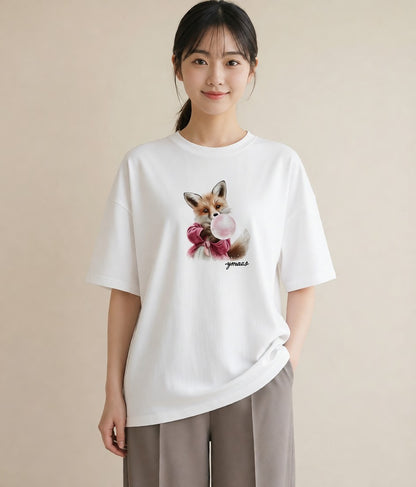 プリントTシャツ レディース きつね 動物 アニマル イラスト ユニーク お出かけ 普段着 白T YMAZO