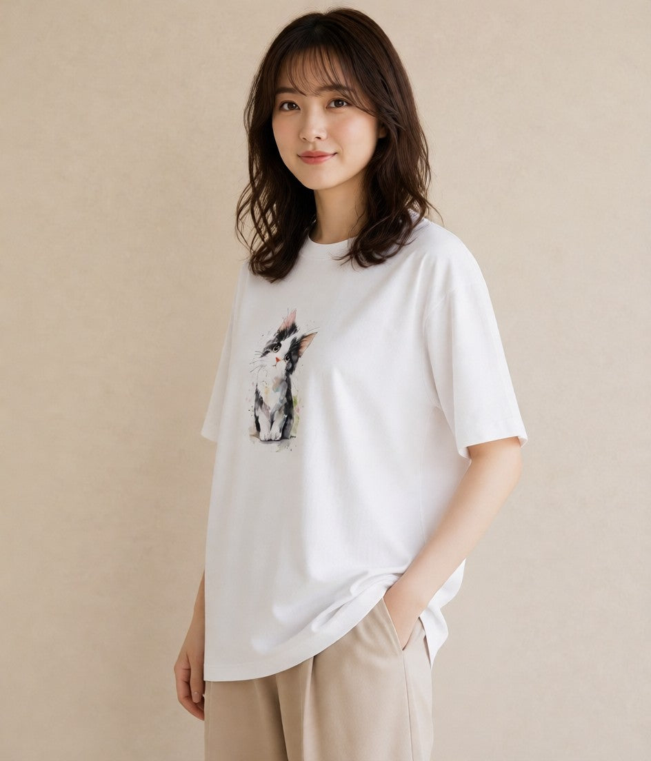 デザインTシャツ レディース アメリカンショートヘア 猫 ねこ イラスト ラフ 友達ギフト 部屋着 白T YMAZO