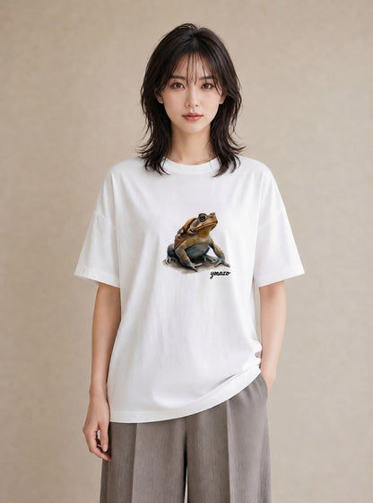 グラフィックTシャツ レディース カエル ペット 動物 イラスト ラフカジュアル 社会人 女性 白T YMAZO