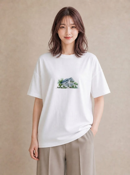 半袖Tシャツ レディース 遠い家と鳥 風景 鳥 ナチュラル アンティーク イラスト きれいめ 旅行 母娘コーデ 白T YMAZO