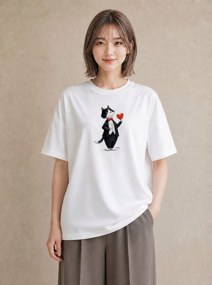 Tシャツ レディース ハチワレ 白黒猫 猫 ねこ イラスト 線画 帰省 ラフ 白T YMAZO