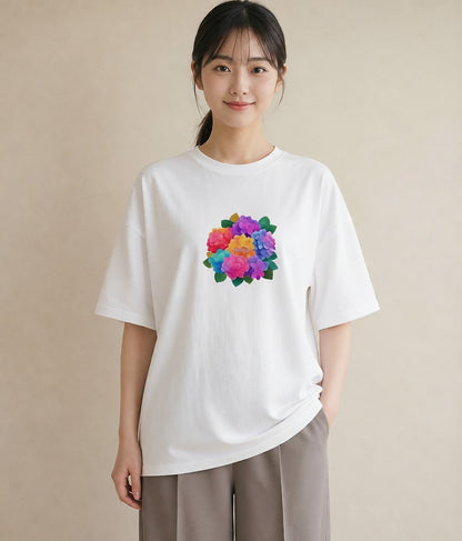 半袖Tシャツ レディース あじさい 紫陽花 アジサイ 花 花柄 イラスト カフェコーデ お出かけ 普段着 白T YMAZO