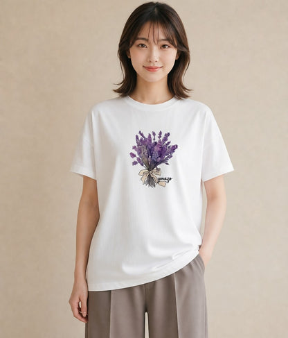 グラフィックTシャツ レディース ラベンダー 花 花柄 イラスト カフェコーデ クリスマス 旅行 白T YMAZO