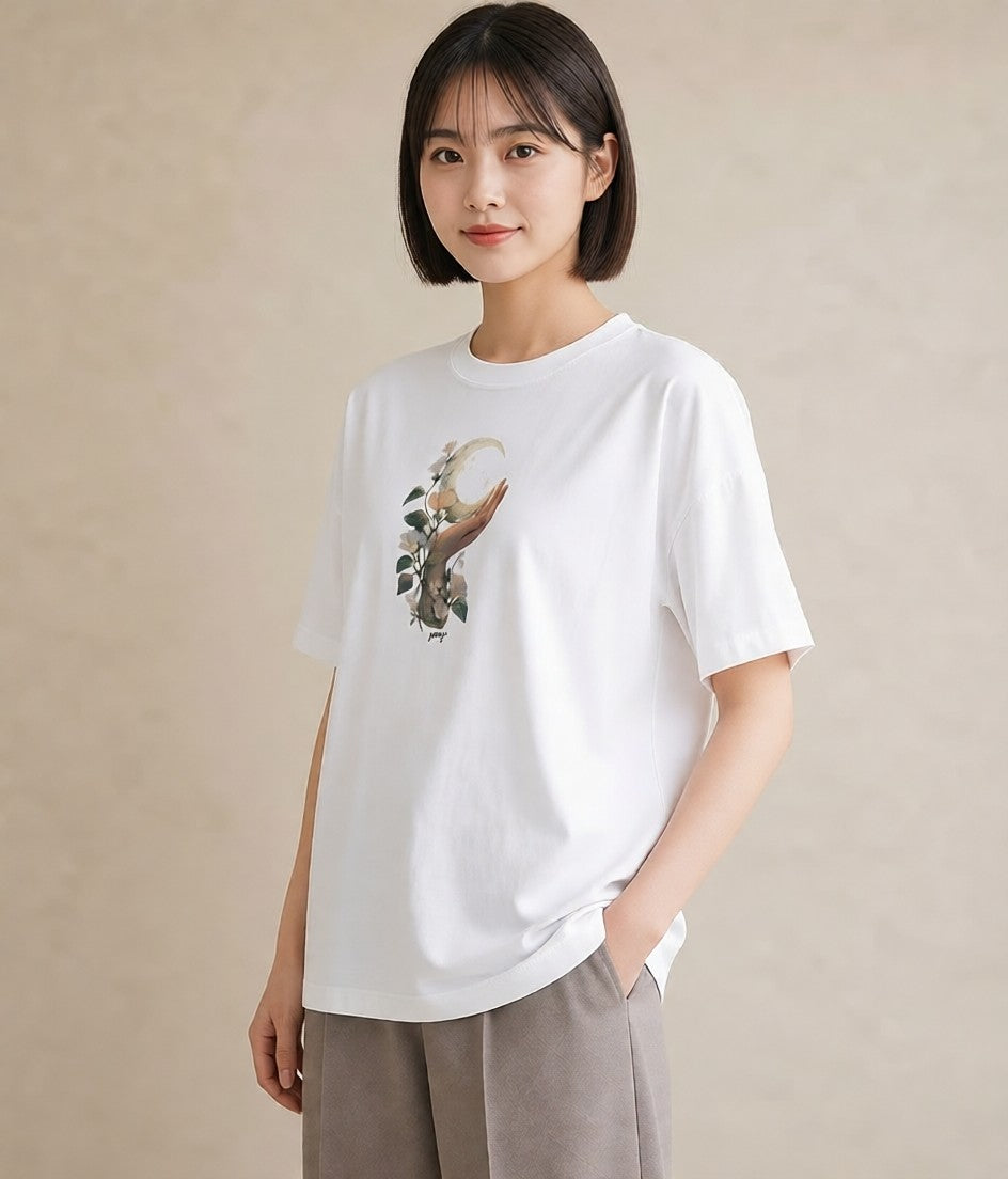 半袖Tシャツ レディース 三日月 星空 宇宙 イラスト 北欧風 女性向けギフト 散歩 白T YMAZO