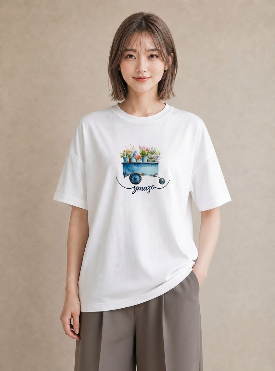 半袖Tシャツ レディース 自転車のかご 自転車 花かご ナチュラル アンティーク イラスト ボタニカル 20代 カジュアルコーデ 白T YMAZO