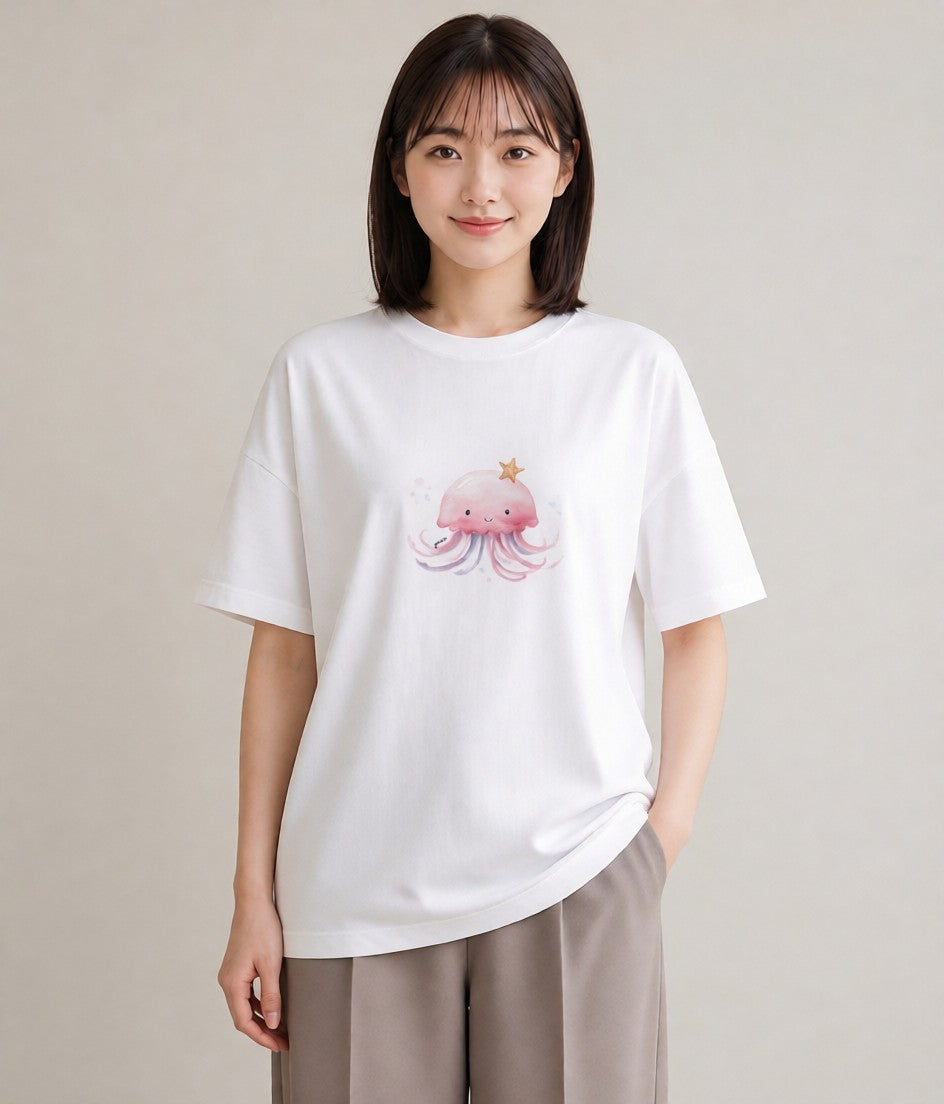 プリントTシャツ レディース くらげ クラゲ 海の生き物 海 イラスト 淡色 ビーチ デイリーウェア 白T YMAZO