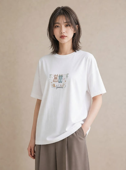 半袖Tシャツ レディース 洗濯物 風 ナチュラル アンティーク イラスト きれいめ レイヤード 友達ギフト 白T YMAZO