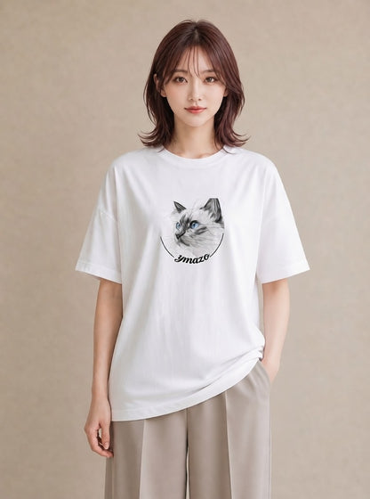 半袖Tシャツ レディース シャム柄 猫 ねこ イラスト 韓国風 通学 誕生日プレゼント 白T YMAZO