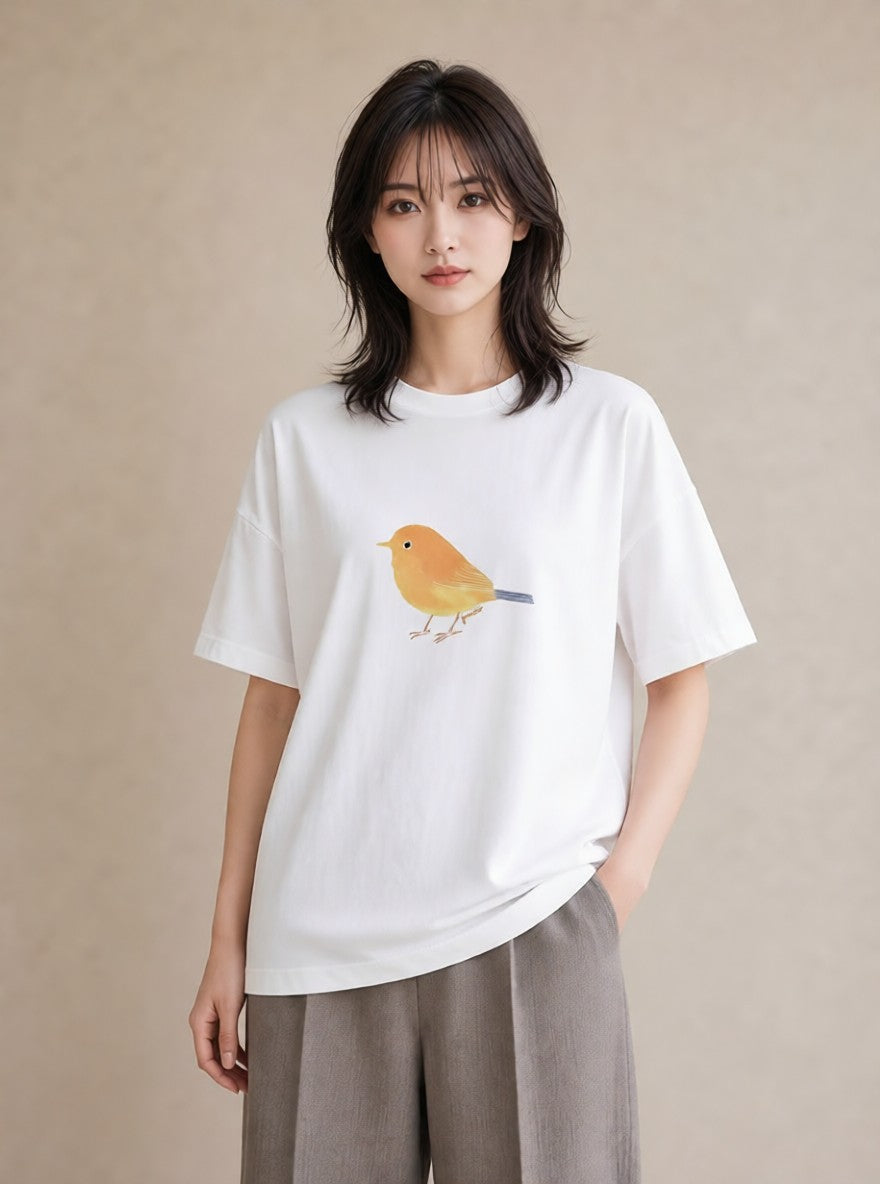 半袖Tシャツ レディース 小鳥 ペット 動物 イラスト 北欧風 散歩 お出かけ 白T YMAZO