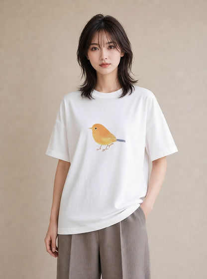 半袖Tシャツ レディース 小鳥 ペット 動物 イラスト 北欧風 散歩 お出かけ 白T YMAZO