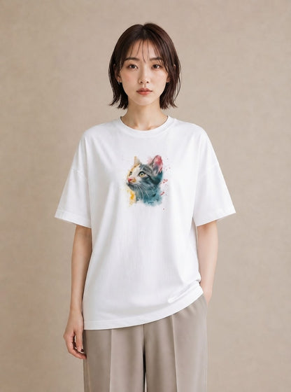 プリントTシャツ レディース ロシアンブルー 猫 ねこ イラスト ビーチ デイリーウェア 白T YMAZO
