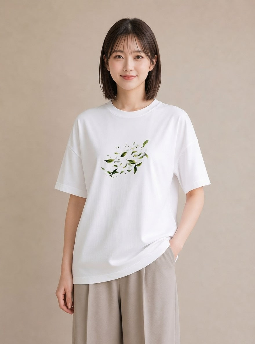 グラフィックTシャツ レディース 新緑 植物 ボタニカル イラスト アート風 普段着 週末コーデ 白T YMAZO
