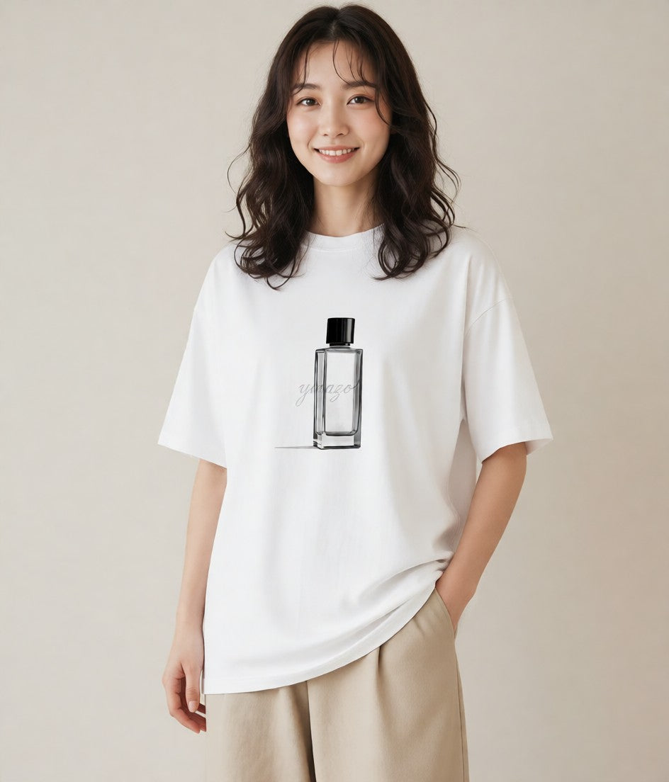 プリントTシャツ レディース 香水 香水瓶 パフューム イラスト 北欧風 海 カフェ巡り 白T YMAZO