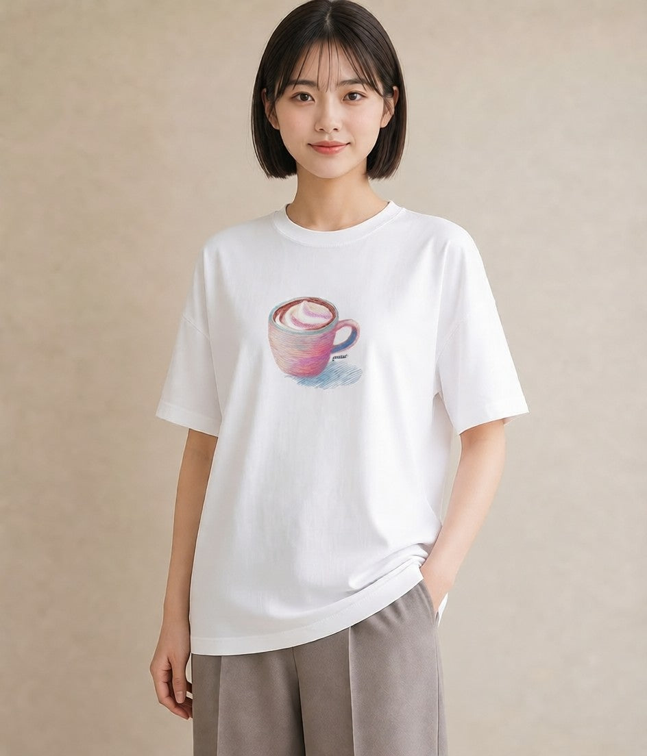 グラフィックTシャツ レディース カフェラテ 食べ物 フード イラスト 普段使い 普段着 週末コーデ 白T YMAZO