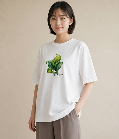 グラフィックTシャツ レディース 新緑 植物 ボタニカル イラスト ユニーク ラフ レイヤード 白T YMAZO