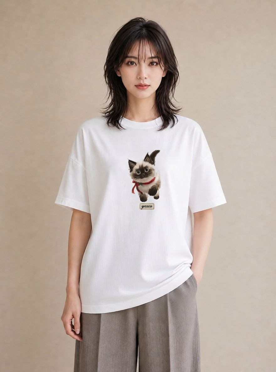 Tシャツ レディース シャム柄 猫 ねこ イラスト フェミニン 夏コーデ 通学 白T YMAZO