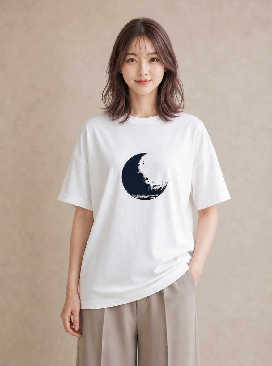デザインTシャツ レディース 月 星空 宇宙 イラスト 上品 綿100 デート 白T YMAZO