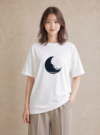 デザインTシャツ レディース 月 星空 宇宙 イラスト 上品 綿100 デート 白T YMAZO