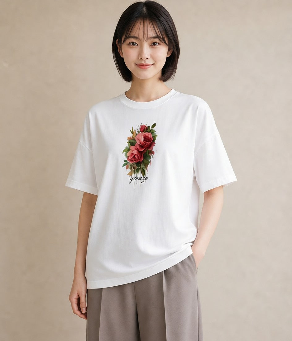 半袖Tシャツ レディース 花 花柄 イラスト フェミニン 母娘コーデ 自分用 白T