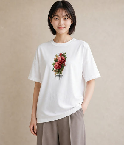 半袖Tシャツ レディース 花 花柄 イラスト フェミニン 母娘コーデ 自分用 白T