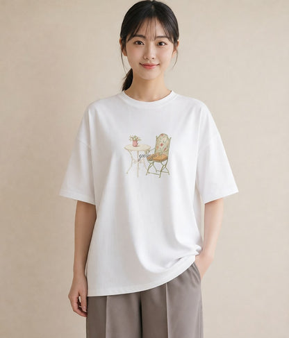 デザインTシャツ レディース 夕暮れ バルコニー 夕焼け ナチュラル アンティーク イラスト レトロ カフェ服 クリスマス 白T YMAZO