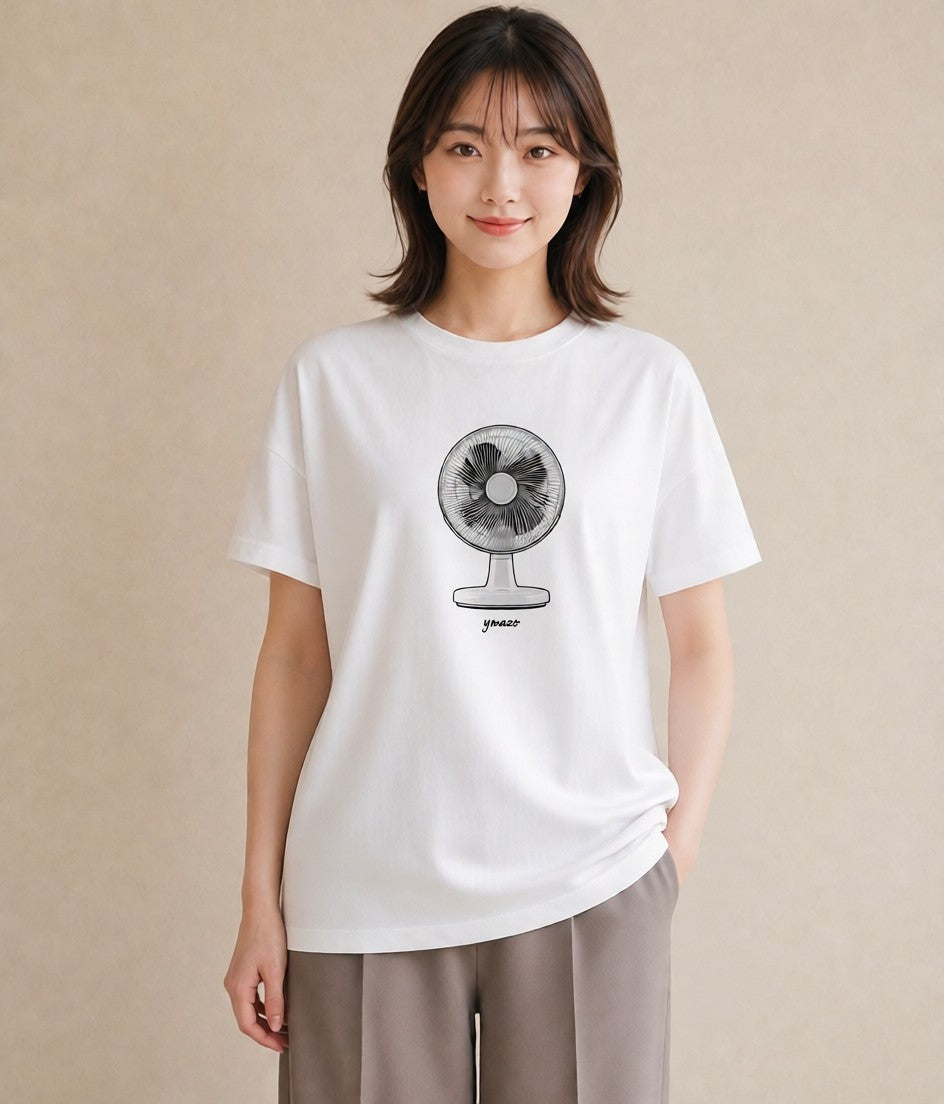 Tシャツ レディース 扇子 そよ風 ナチュラル アンティーク イラスト 休日コーデ 秋コーデ おしゃれギフト 白T YMAZO