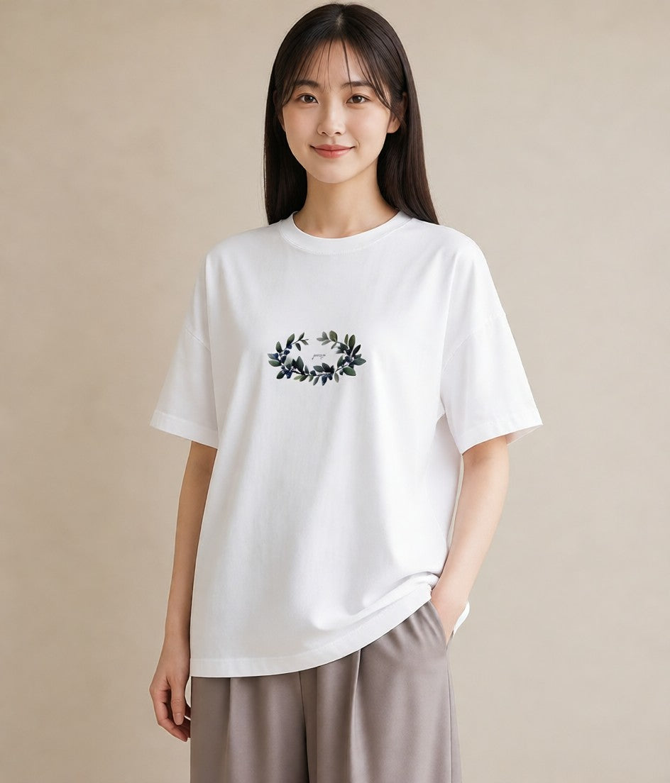 半袖Tシャツ レディース ブルーベリー 食べ物 フード イラスト 休日コーデ 普段着 週末コーデ 白T YMAZO