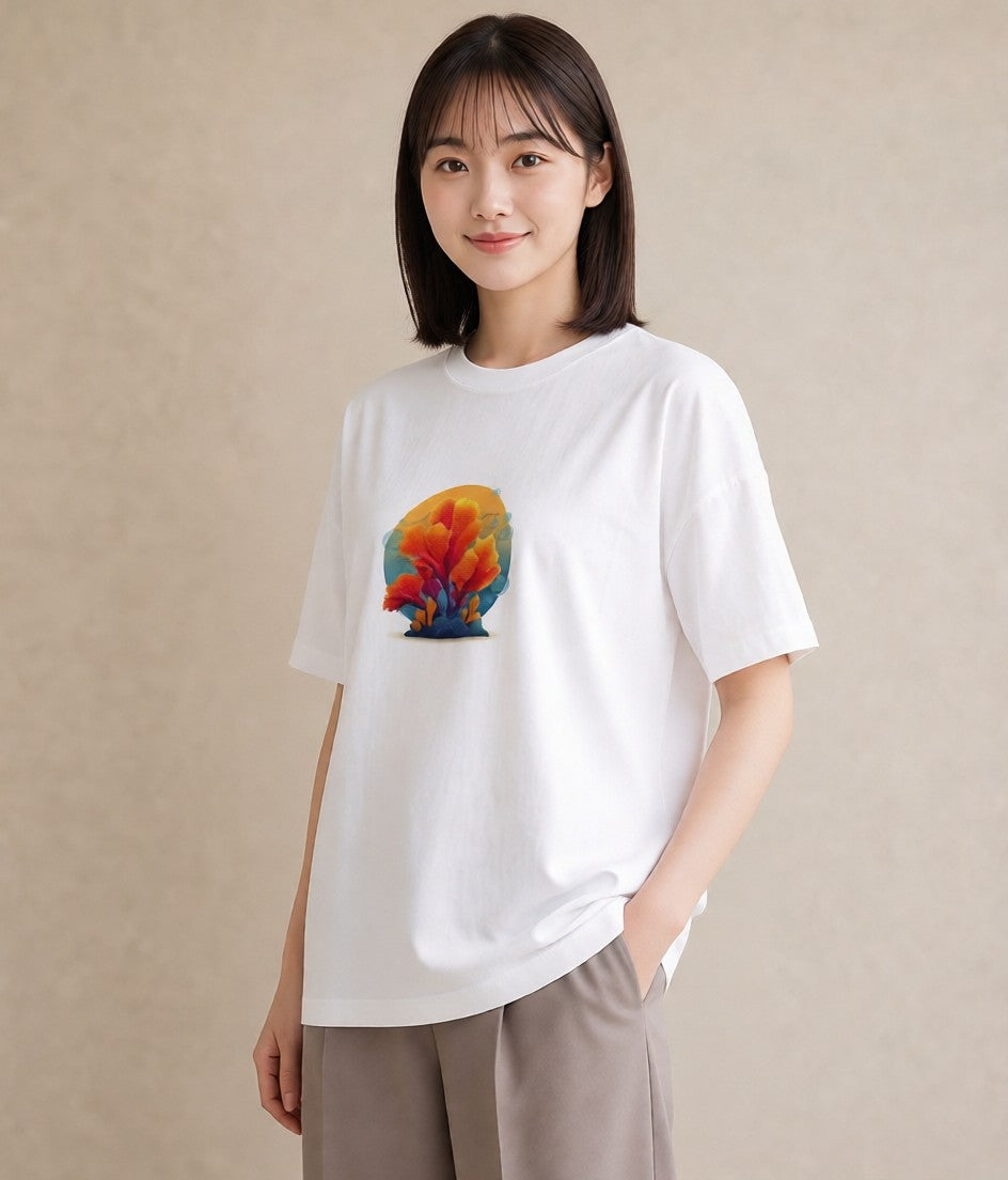 半袖Tシャツ レディース サンゴ 海の生き物 海 イラスト こなれ感 20代 カジュアルコーデ 白T YMAZO