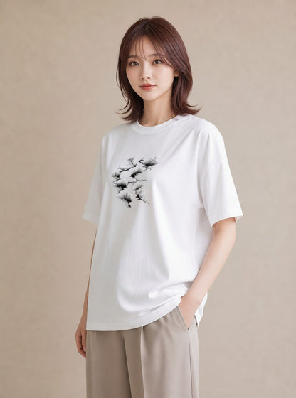 グラフィックTシャツ レディース 小川 橋 せせらぎ ナチュラル アンティーク イラスト こなれ感 買い物 夏コーデ 白T YMAZO