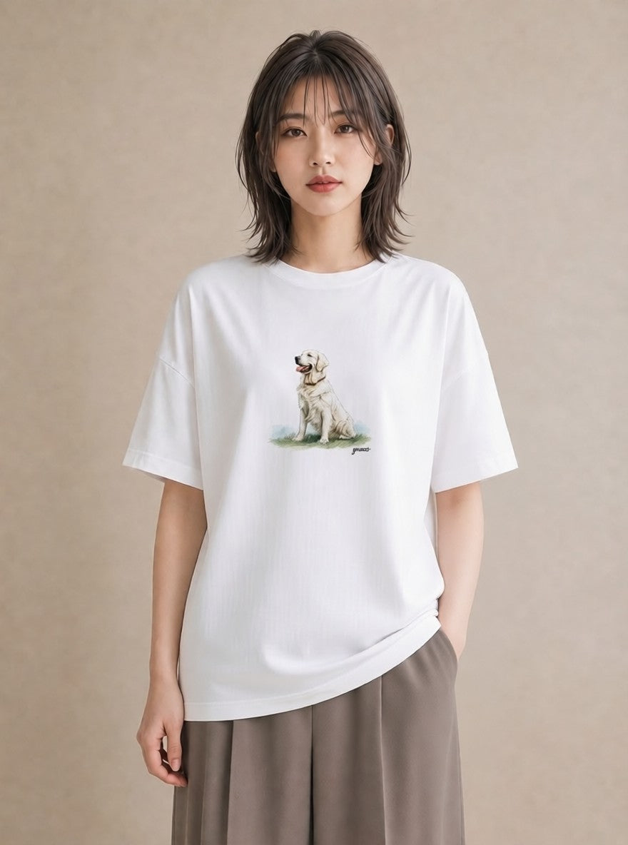 デザインTシャツ レディース ゴールデンレトリバー ゴールデン 犬 いぬ イラスト カフェコーデ レイヤード 友達ギフト 白T YMAZO