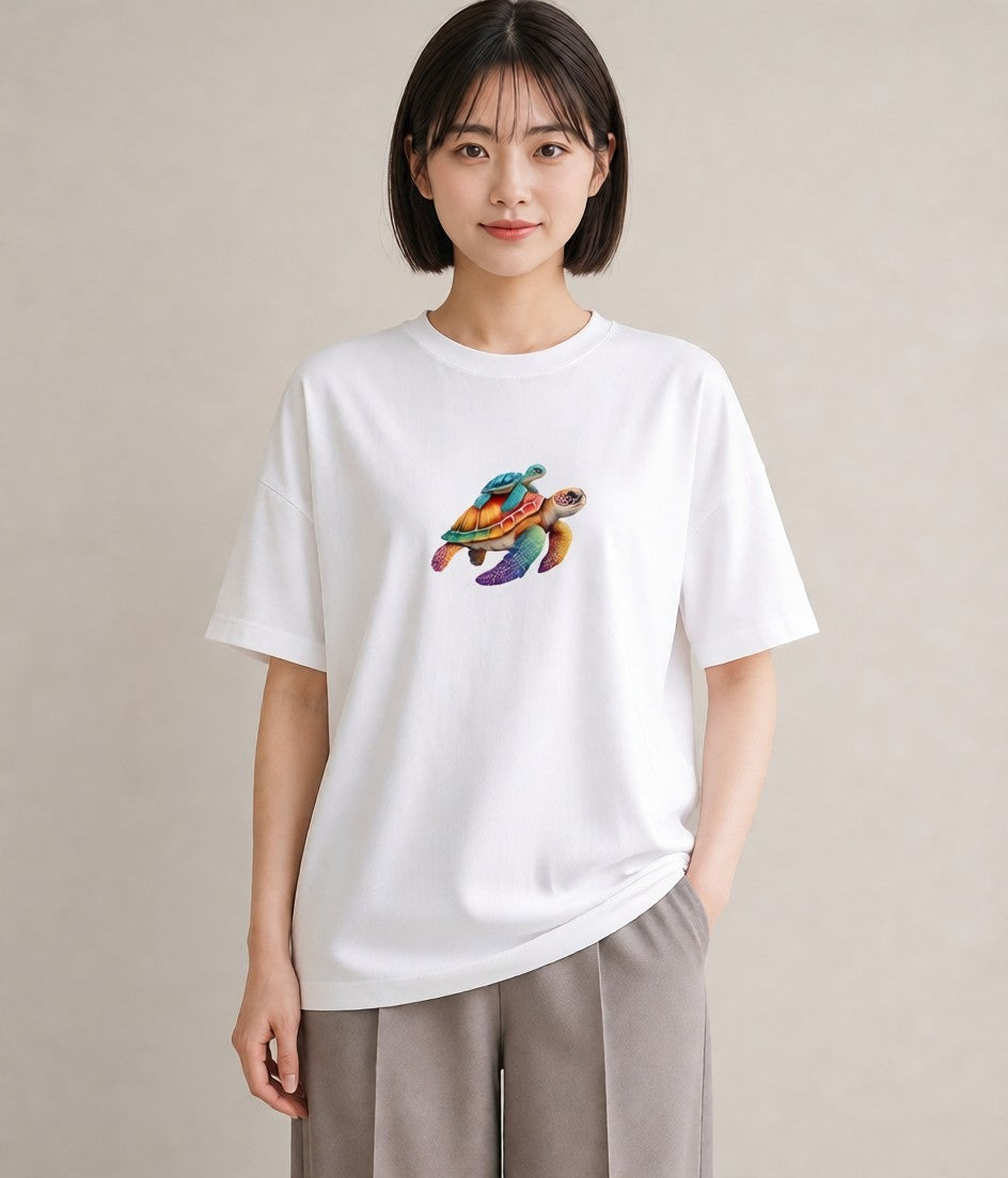 半袖Tシャツ レディース ウミガメ 海の生き物 海 イラスト お洒落 お出かけ 普段着 白T YMAZO