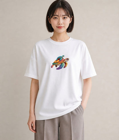 半袖Tシャツ レディース ウミガメ 海の生き物 海 イラスト お洒落 お出かけ 普段着 白T YMAZO