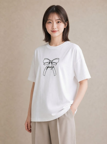 Tシャツ レディース リボン 蝶結び ナチュラル アンティーク イラスト 抜け感 部屋着 女性向けギフト 白T YMAZO