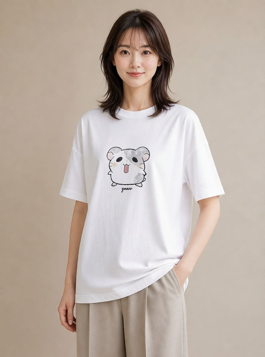 デザインTシャツ レディース チンチラ ペット 動物 イラスト 線画 レイヤード 友達ギフト 白T YMAZO