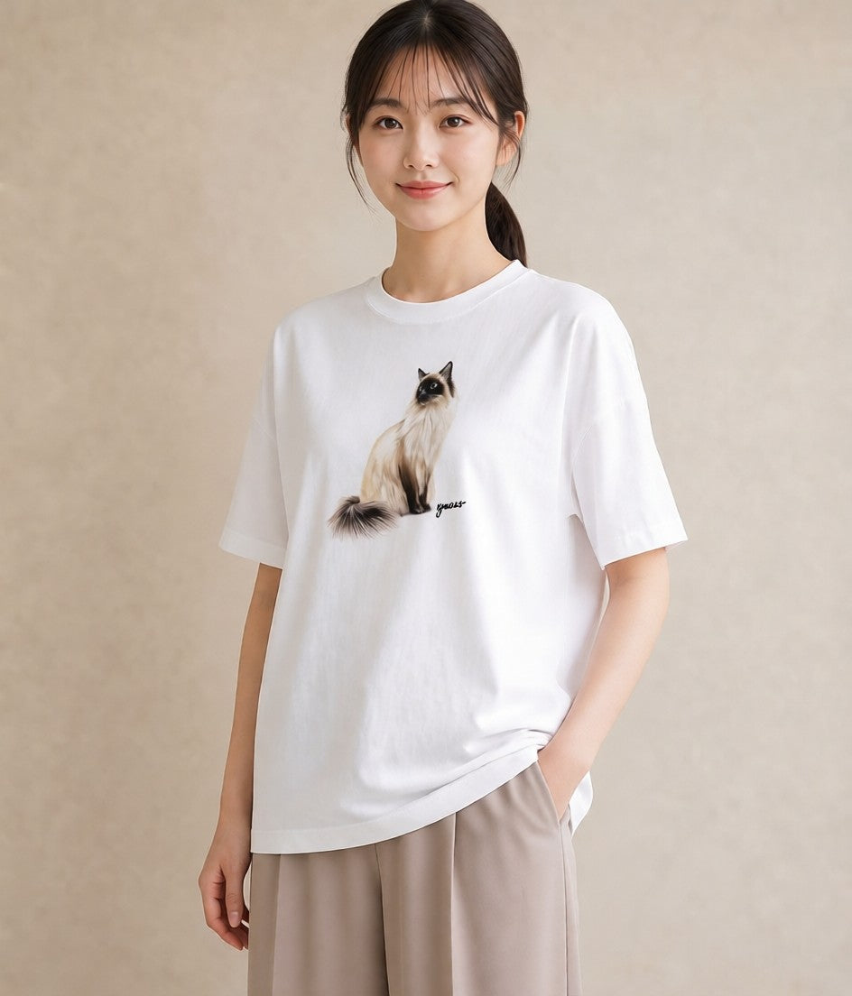 グラフィックTシャツ レディース エキゾチックショートヘア 猫 ねこ イラスト ニュアンス レイヤード 友達ギフト 白T YMAZO