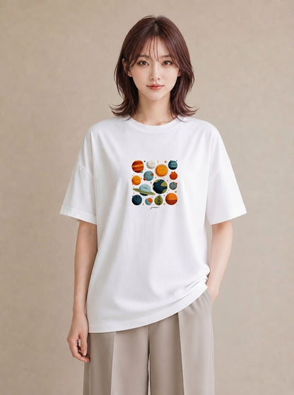 半袖Tシャツ レディース 惑星 星空 宇宙 イラスト ゆるかわ ビーチ デイリーウェア 白T YMAZO