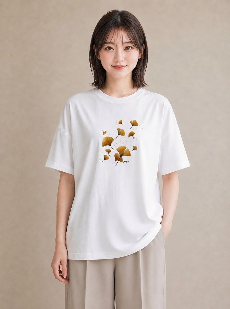 グラフィックTシャツ レディース 落ち葉 植物 ボタニカル イラスト ナチュラル 母の日 ビーチ 白T YMAZO