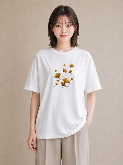 グラフィックTシャツ レディース 落ち葉 植物 ボタニカル イラスト ナチュラル 母の日 ビーチ 白T YMAZO