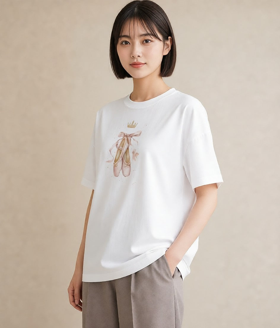 Tシャツ レディース バレエシューズ バレエ トウシューズ ナチュラル アンティーク イラスト ゆるコーデ 通学 誕生日プレゼント 白T YMAZO