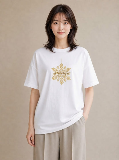 Tシャツ レディース 雪の結晶 星空 宇宙 イラスト 旅行コーデ ママ カフェ服 白T YMAZO