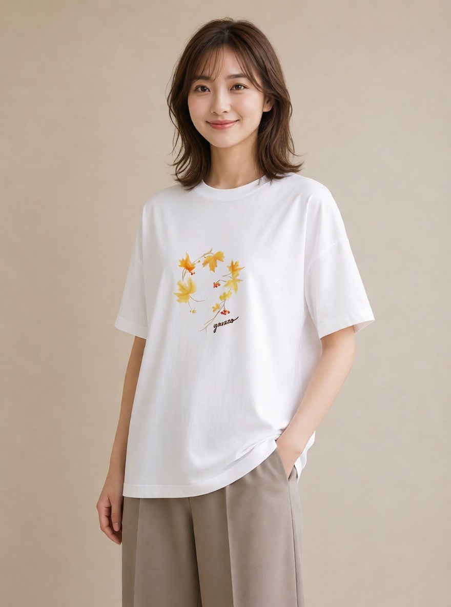 半袖Tシャツ レディース 落ち葉 植物 ボタニカル イラスト ミニマル 20代 カジュアルコーデ 白T YMAZO