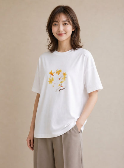 半袖Tシャツ レディース 落ち葉 植物 ボタニカル イラスト ミニマル 20代 カジュアルコーデ 白T YMAZO