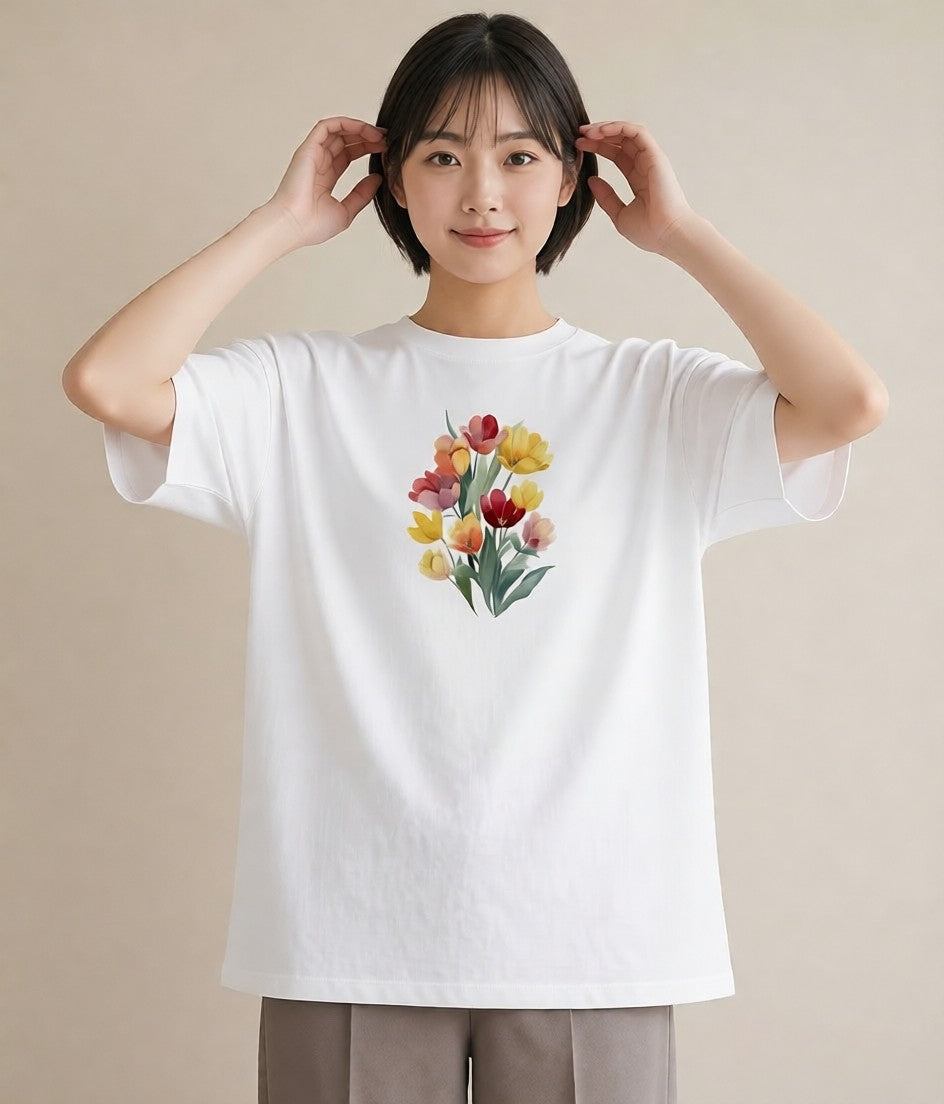 プリントTシャツ レディース チューリップ 花 花柄 イラスト 水彩風 お出かけ 普段着 白T YMAZO