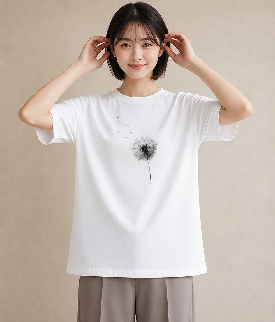 Tシャツ レディース たんぽぽ 花 花柄 イラスト ユニーク カフェ巡り 女子会 白T